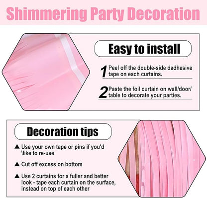 6 Pack Macaron Pink Foil Fringe Curtain Backdrop, 3.28Ft x 8.2Ft Metallic Tinsel Foil Fringe Streamer Curtains for Photo Booth, Birthday, Wedding, New Year Party Decorations