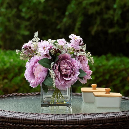 ENOVA FLORAL Artificial Flower Arrangement with Vase,Mixed Artificial Silk Peony Flower in Vase for Decoration Home Office, Wedding Centerpiece (Purple)