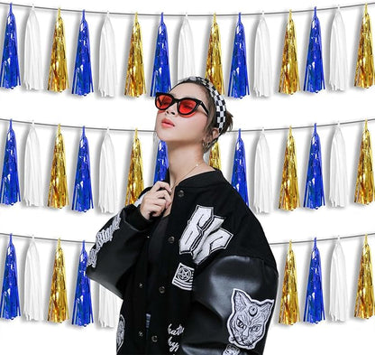 3P Metallic Fringe Tassel Banner Garland Foil Tinsel Streamer Wall Hanging Curtain Backdrop Banners for Parade Floats Birthday Party Graduation Retirement Party Decorations(Navy-Blue White and Gold)