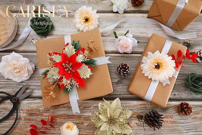 Christmas Artificial Flowers Poinsettia Flower Mix Silk Flowers Fake Roses with Stems for DIY Table Centerpieces Christmas Tree Xmas Wreath Holiday Home Party Decor