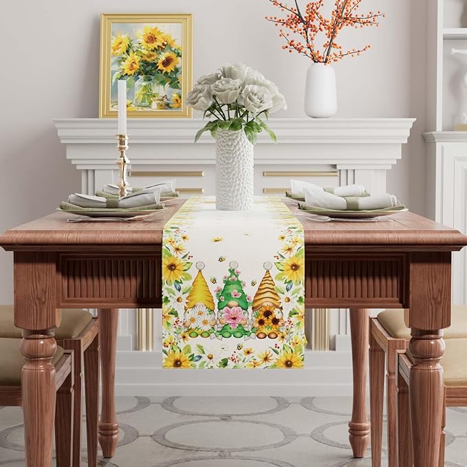 XCHI Yellow White Daisies Flowers Gnomes Spring Table Runner Burlap Table Decoration for Summer Seasonal Home Kitchen Dining Dinner Indoor Holiday Farmhouse Decor 13x108 Inch