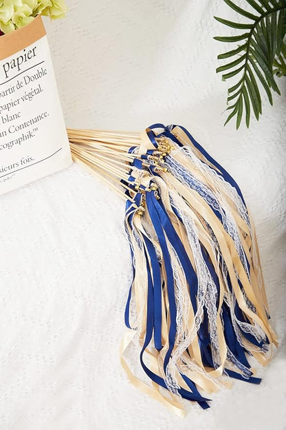 100 Pack Ribbon Wedding Wands Sticks Wedding Party Favors Streamers with Gold Bells and Lace Silk Fairy Wand for Party Activities Baby Shower Holiday Celebration