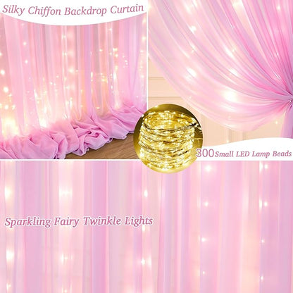 10x10ft Pink Chiffon Backdrop Curtain with Lights for Wedding Parties Baby Shower, Pink Sheer Backdrop Curtains for Girls Birthday Party Bridal Shower Photo Shoot Decor (5×10ft, 2 Panels)