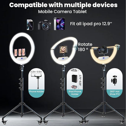 18" Foldable Ring Light with Stand for iPhone ipad Camera, 75" Tripod with Wheels 38W 6500K LED Display/Remote/2 USB Ports Large Big Ringlight Rolling for YouTube Facebook TikTok Live Video Recording