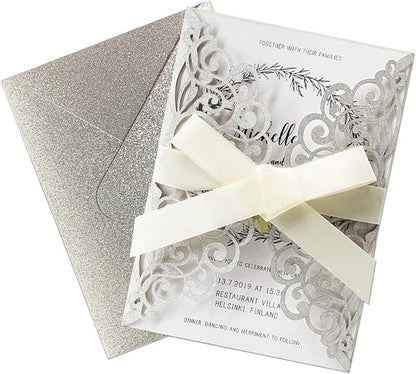 50Pcs Laser Cut Wedding Invitation With Glitter Envelopes And Ribbons Blank Personalized Card Invitaciones Para quinceañera Birthday Baby Shower Christmas Party Bridal Shower (Silver)