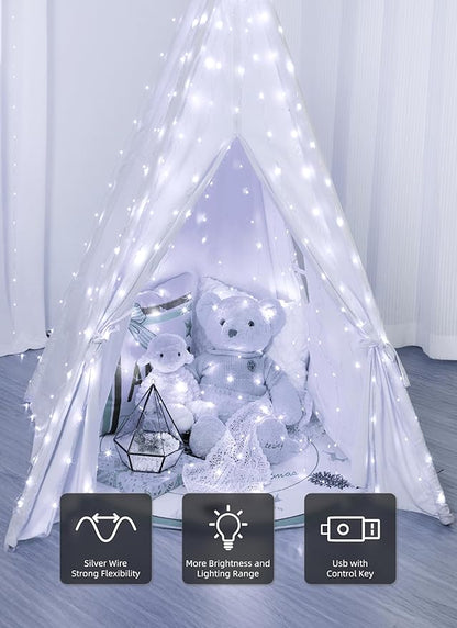 Brightown 300 LED Fairy Curtain Lights, 9.8ft x 9.8ft White Curtain String Lights, Winter Wonderland Decorations, USB Plug 8 Modes LED Christmas String Hanging Lights with Remote for Indoor Outdoor