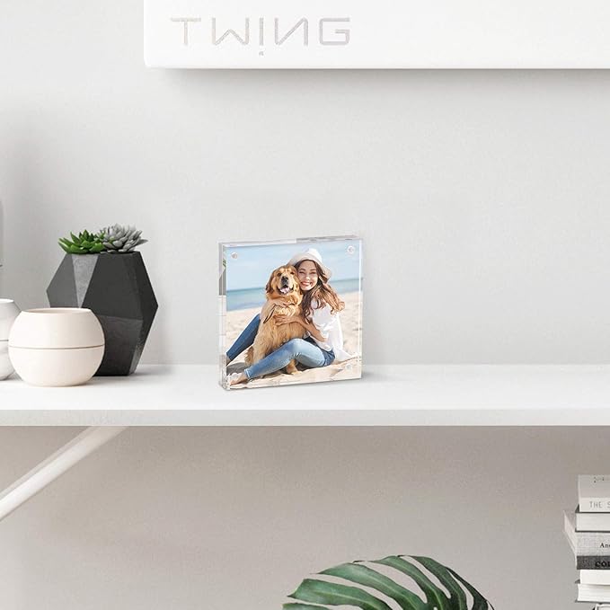 TWING 5 x 7 Inch 5 Pack Acrylic Photo Frame Horizontal Magnet Double Sided Acrylic Frames Set with Microfiber Cloth,12 + 12MM Thickness Clear Picture Frame Desktop Display Gift Ideal