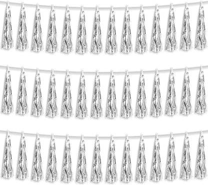 3P Silver Foil Fringe Metallic Tassel Streamers Banner Tassel Garland for Parade Floats, Bachelorette, Wedding, Birthday, Halloween, Christmas, Bridal/Baby Shower Party Decorations