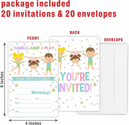 Gymnastics Birthday Party Invitation, Tumble Jump & Play Invite Cards（20 Count) With Envelopes, Fill In Style Invite Cards For Boys, Girls, Kids, Birthday Party Supplies-A46