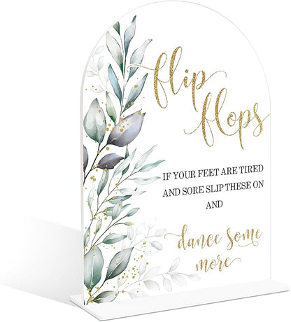 Acrylic Wedding Signs, Greenery Theme Flip Flops Sign, Wedding Reception Signage, Bridal Shower Table Decor with Stand, Engagement, Anniversary, Newlywed Events Supplies for Dance Floor Decor, 13
