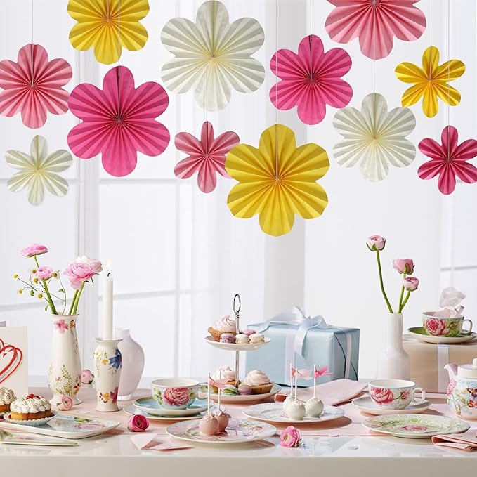 BestoFun 12 PCS Paper Flowers Fans Pink and Yellow Party Decorations Paper Flowers Decorations for Wall Girl Groovy Birthday Baby Shower Wedding Bachelorette Room Hanging Décor