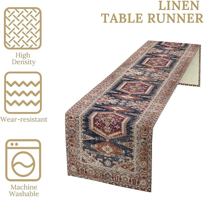 Vintage Boho Table Runner,Flower Geometric Design Rustic Farmhouse Table Runner for Home Farmhouse Kitchen Table Dining Coffee Room Garden Party Wedding Decor 13x72in