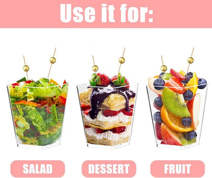 Kosotody 150 Pcs 5 OZ Dessert Cups with Spoons Cocktail Picks, Square Appetizer Cups Clear Mini Mini Party Serving Cups for Party Appetizers Pudding Yogurt Ice Cream Fruit