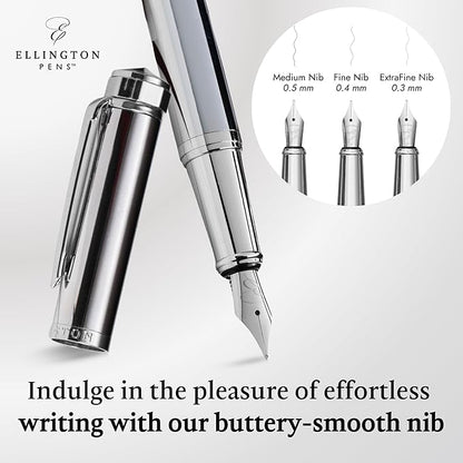 Ellington Pens Luxury Fountain Pen Set- Fountain Pens for Writing - Smooth Extra Fine Nib - Includes Refillable Ink Converter, 3 Ink Cartridges [Black & Blue], Gift Box - Elegant Calligraphy