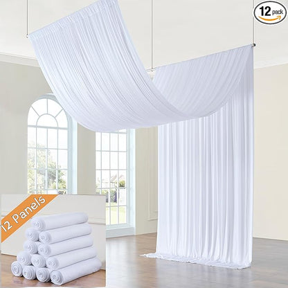 60ft x 15ft White Wrinkle Free Backdrop Curtains for Parties,Silky Polyester Fabric Wedding Ceiling Drapes, 12 Panels 15ft Photo Back Drop Drapes for Baby Shower Photography Stage Background Cloth