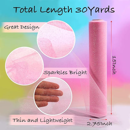 ICOSHOW Sparkling Tulle Rolls, 15” by 30 Yards (90FT) Glitter Tulle Spool Ribbon Fabric for Wedding Birthday Bridal Shower Tutu Skirt Party Gift Wrapping (Pink)