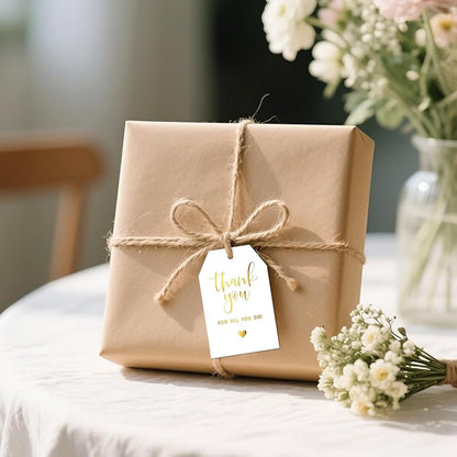 joycraft Thank You for All You Do Tags - 50Pcs Gold Foil Thank You Gift Tags with String, 3.3x2.2in Paper Gift Wrap Hangtags for Wedding, Teacher Appreciation, Mother's Day Thanksgiving, Christmas