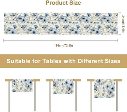 Watercolor Floral Table Runner, Blue Poppy Flower Seasonal Spring Summer Table Runner for Kitchen Dinning Table Runner Decor Home Wedding Party Holiday, 13x90 Inch