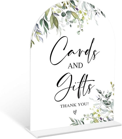 Greenery Cards and Gifts Sign, 6 x 8 Inch White Arch Acrylic Wedding Sign with Holder, Wedding Sign for Ceremony and Reception, Wedding Decoration, Wedding Supplies - LY01