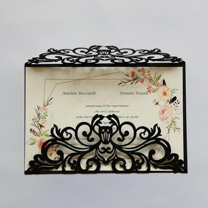 25PCS Laser Cut Wedding Invitations Cards with Envelopes,Blank Inner Sheets,Ribbons for Wedding Bridal Shower Quinceañera Engagement Birthday Invites, pearl black