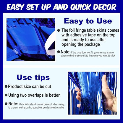 3 Pack 29 x108 Inch Blue Foil Fringe Table Skirts Metallic Banner for Tinsel Streamer Garland Backdrop for Parade Floats Mother's Day, Graduate, Birthday, Wedding Party Decoration