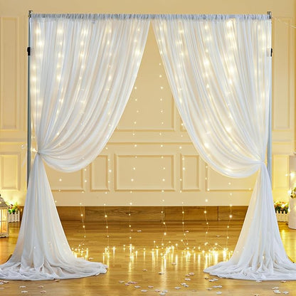 10x10ft White Sheer Backdrop Curtain with Lights String for Wedding, Fairy Light Up Curtain Backdrops for Baby Shower, Chiffon Photo Backdrop Drapes for Birthday Party Photo Shoot (5 x 10ft,2 Panels)