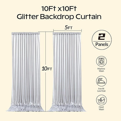 Silver Glitter Backdrop Curtain for Parties Wedding,10Ft x 10Ft Satin Shimmer Photo Backdrop,Non-Wrinkle Sparkle Drapes for Backdrop,Back Drop for Photography, Birthdays,Weddings,Prom
