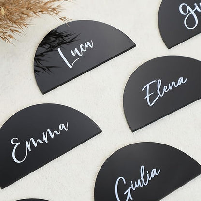 UNIQOOO 20 Pcs Black Semicircle Acrylic Place Cards, DIY Blank Half Circle Acrylic Sign, 1/8 inch Thick Perfect for Wedding Table Decor, Birthday, Centerpiece, Decoration, Party, Event,3.5x2 inches