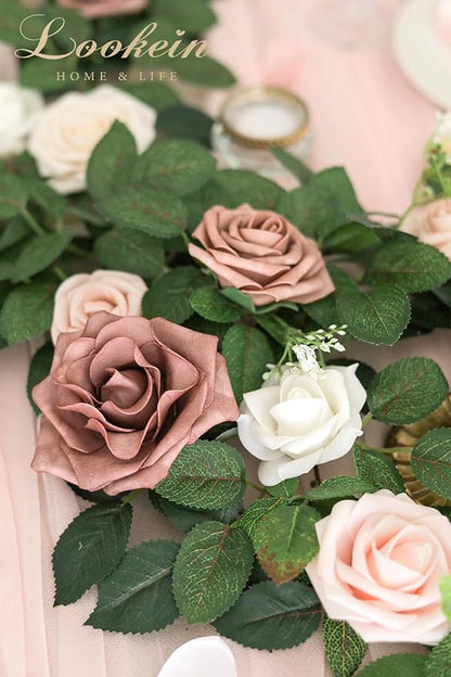 Lookein Artificial Rose Flower Garland Greenery Garland 5FT for Wedding Ceremony Backdrop Arch Flowers Table Centerpieces Decorations, Garden Dusty Rose