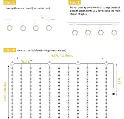 Curtain String Lights - 198 LED Window Light with Remote and Hooks, Fairy Lights with 8 Lighting Modes, USB Hanging Lights for Wedding, Party, Indoor Decorations