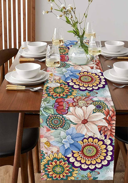 Boho Flowers Cotton Linen Table Runner for Dining Kitchen, Wedding Outdoor Party Tablerunners Decoration, Colorful Floral Farm Vintage Botanical Dresser Scarf Coffee Tablecloth Runners 13x90 Inches