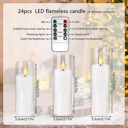 Flickering Flameless LED Candles, 24 Pcs Battery Operated Acrylic LED Pillar Candles with 4 Remote Controls & Timer Function - Safe for Home, Wedding, Outdoor Decor, Halloween, Christmas Party.