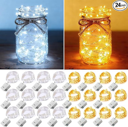 24 Pack Fairy Lights Battery Operated [3 Modes] 7ft 20 LED Mini Twinkle String Lights Waterproof Silver Wire Firefly Starry Lights for Wedding Party Mason Jars Christmas Decor, Warm White & Cool White