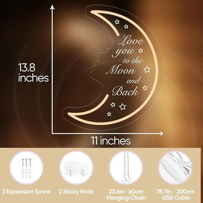 Moon Neon Light Sign for Wall Decor, 5v USB Powered & Dimmable Love You to the Moon and Back LED Light for Girls Kids Bedroom Living Room Home Party Decor