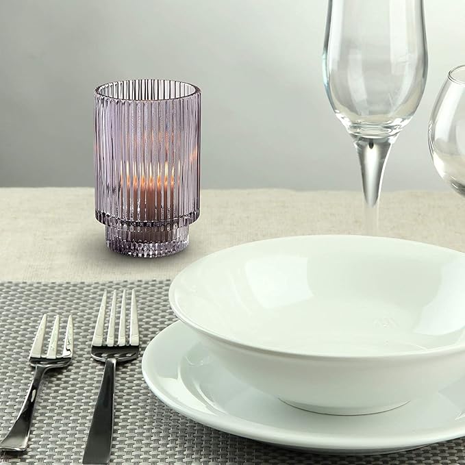 Serene Spaces Living 5in Smoke Ribbed Glass Votive Holder, Decorative Centerpiece for Wedding, Christmas, Thanksgiving, Dining Table, Living Room, Home Décor, 3.25" Diameter & 5" Tall, Pack of 24