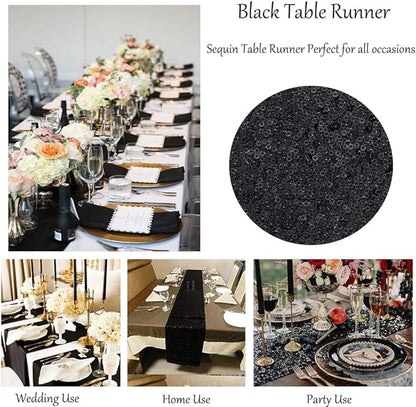 Sequin Table Runners 2 Pieces Black Table Runners 12x72Inch Glitter Dining Table Cover for Party Wedding Birthday Reception Banquet Decoration Halloween Party Chair Sashes