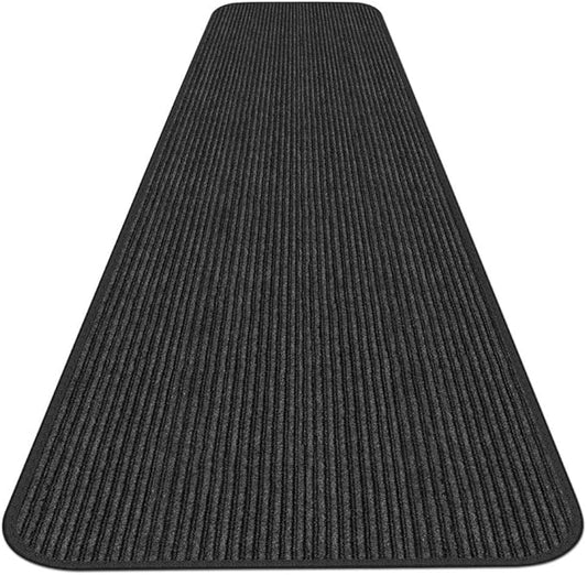 House, Home and More Indoor Outdoor Double-Ribbed Carpet Runner with Skid-Resistant Rubber Backing - Smokey Black - 3 Feet x 30 Feet