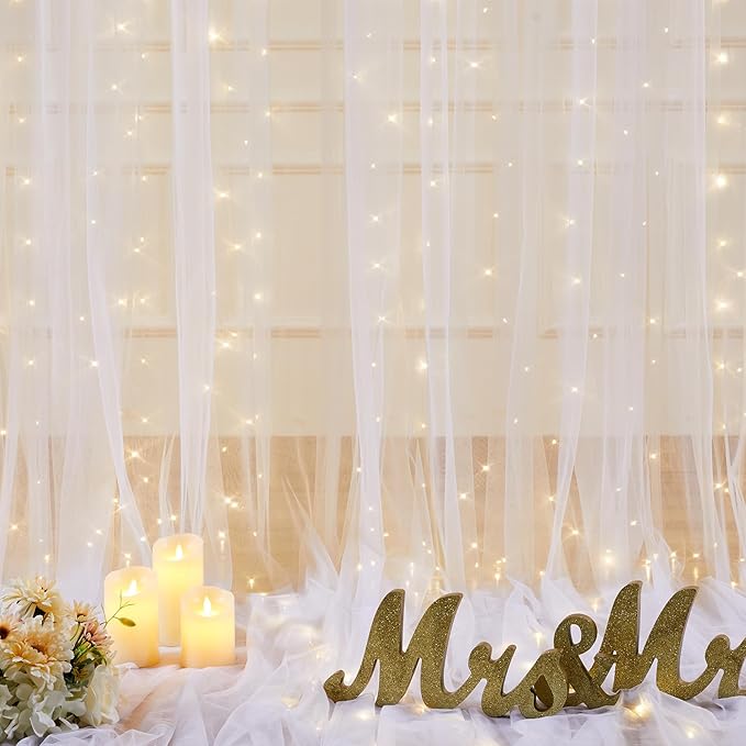gogoparti 20x8ft White Tulle Backdrop Curtains with Lights for Party Wedding Baby Shower, Sheer Drape Backdrop Curtains for Birthday Party Photo Booth Background Decoration