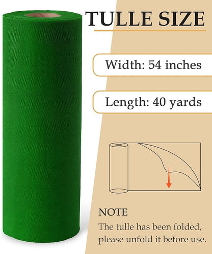 Green Tulle Fabric Roll, 54" x 40 Yards (120FT) Tulle for Christmas Gift Wrapping Wedding Decoration DIY Tutu Halloween Party Backdrop Baby Shower Table Skirts