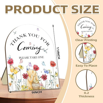 Winnie Bridal Shower Sign, Classic Pooh Thank You Wooden Sign for Women Men, Floral Butterfly Decor Wedding Shower Favors Sign, Bridal Shower Gifts for Guests, Thank You for Coming Please Take One Sign 9*11IN