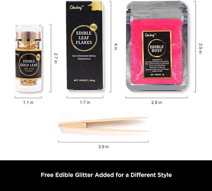 Cobakey Genuine Edible Gold Leaf Flakes - 50mg Edible Gold Flakes for Cake Decoration (Cupcake, Chocolate, Steak, Drink & Cooking), PureGold Leaf with Edible Glitter & Wooden Tweezers