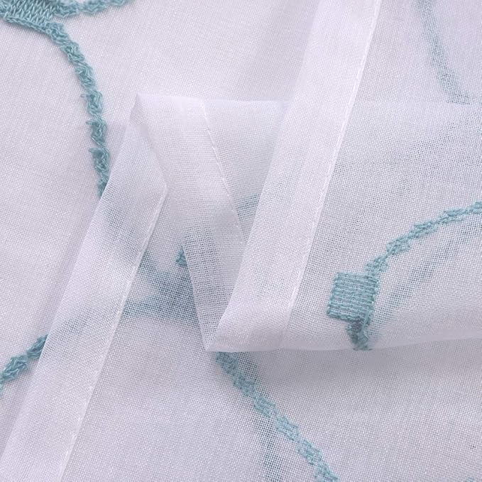 Embroidery Sheer Curtains Blue 63 Inches, Rod Pocket Voile Drapes for Living room, Bedroom, Window Treatments Wave Diamond Semi Crinkle Curtain Panels for Yard, Patio, Villa, Set of 2, 52"x 63".