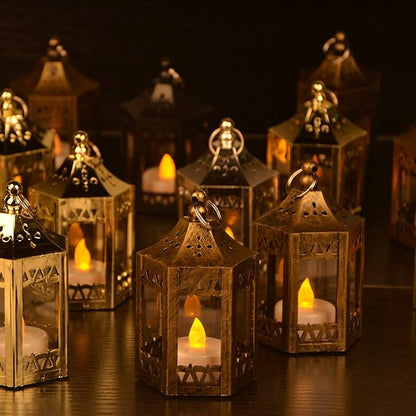zkee Mini Star Lanterns with Flickering LED, Battery Included, Decorative Hanging Lanterns for Christmas & Indoor Use (Set of 8, Golden Brushed)