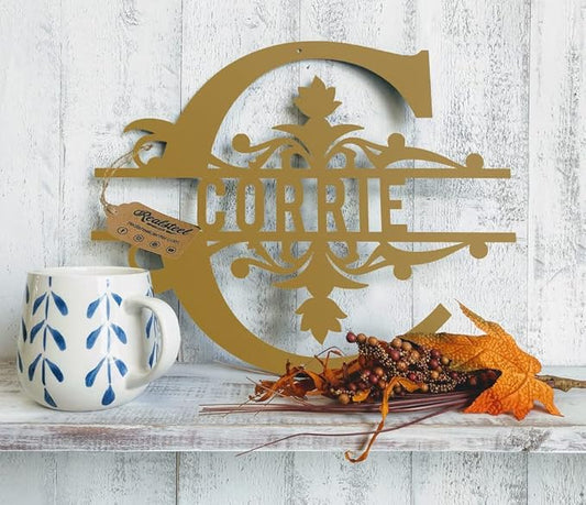 RealSteel Metal Split Letter Monogram - Personalized Metal Decor - Custom Last Name Sign - Monogram - Welcome Sign - Indoors or Outdoors (16", Gold)