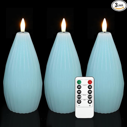Silverstro Ocean Flameless Candles Remote Irregular Polygon Ribbed Design Real Wax Flicker Battery Operated Candles for Home Party Wedding Thanksgiving Christmas Nautical Decor - Set of 3(Blue)