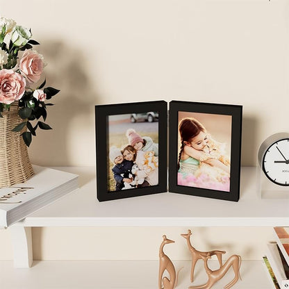 decorUhome Double 5x7 Picture Frame Vertical, Engineered Wood Bifold Photo Frame with Plexiglass for Tabletop Display, 5x7, Black