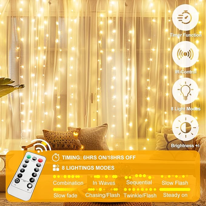Fairy Curtain Lights Upgraded Tangle-Free Warm White USB Plug in 8 Modes String Hanging Lights with Remote for Christmas, Bedroom, Indoor, Outdoor, Weddings, Party (10FTx8.2FT)