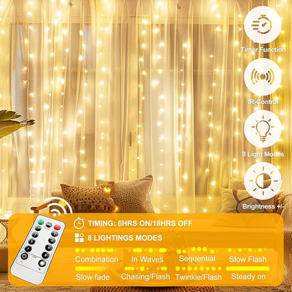 Fairy Curtain Lights Upgraded Tangle-Free Warm White USB Plug in 8 Modes String Hanging Lights with Remote for Christmas, Bedroom, Indoor, Outdoor, Weddings, Party (10FTx8.2FT)