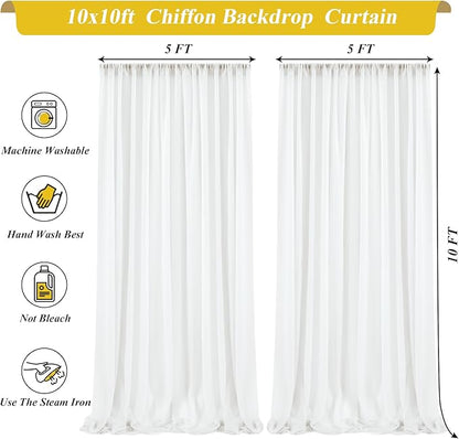 10x10ft Cream White Chiffon Backdrop Curtain with Lights String for Wedding Parties, Sheer Photo Backdrop Curtains for Baby Shower Bridal Shower Birthday Party Ceremony Reception