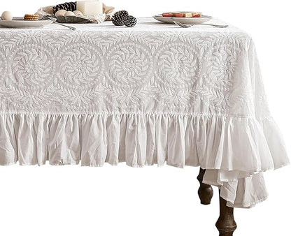 patdrea Vintage Ruffle Tablecloth for Square Tables,Farmhouse Embroidered Cotton White Lace Table Cloth Cover Decor for Dining Room Wedding Banquet Thanksgiving Christmas,51"*51"